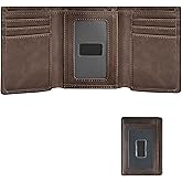 Trifold Wallet for Men, Leather Wallets with 8 Card Slot and 2 Money Pocket and 1 Clear Photo Slot + 1 Minimalist Leather Card Pocket with 6 Card Slot and 1 Transparent Windows Slot - Coffee