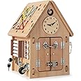 Costzon Montessori Busy House Toy, Wooden Multi-Purpose Play House w/Interior Storage Space & Sensory Games for Fine Motor Skills, Educational Learning Toy for Boys & Girls Age 3 + (Log Color)