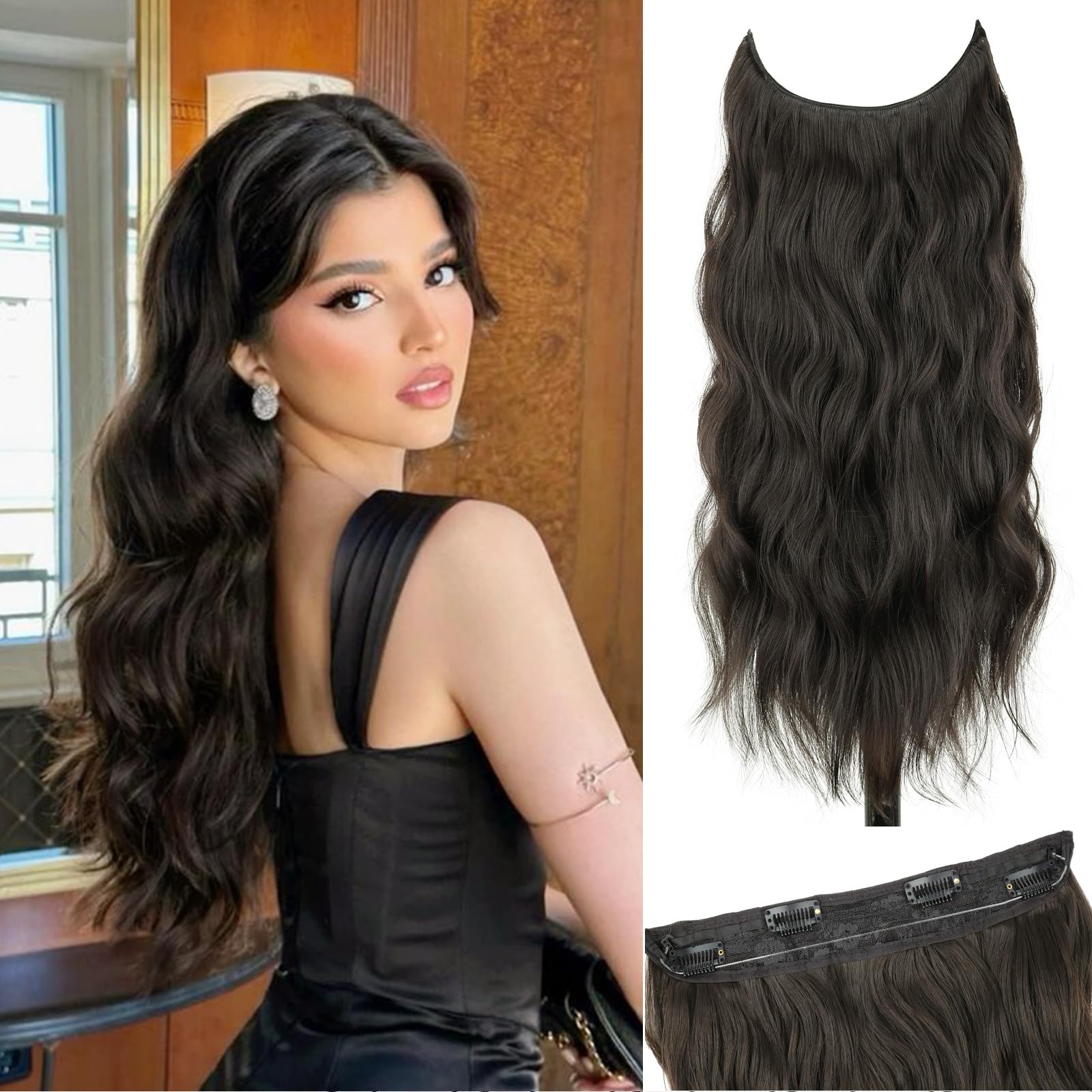 Photo 1 of Dark Brown Invisible Wire Hair Extensions Long Wavy Synthetic Hairpiece with 4 Secure Clips for Women 20 Inch Clip in Hair Extensions
