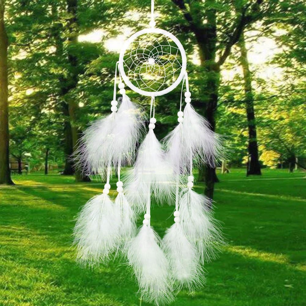 Smoro White Dream Catcher For Car Rear View Mirror Accessories Beaded Feathers And Handmade Weave Web for Girl's Bedroom Nursery Teepee Wall Decor 2Pcs