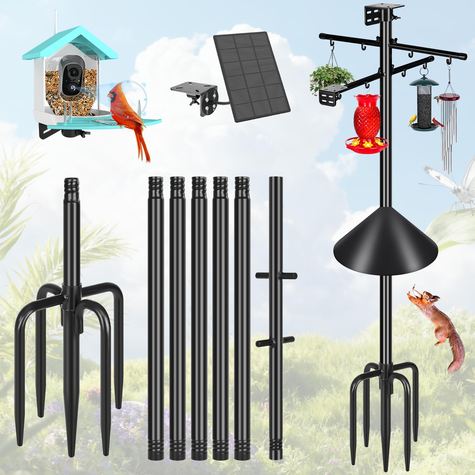 Gtongoko Squirrel Proof Smart Bird Feeder Pole for Outdoors 107 Inch 1 Inch Diameter Bluebird House Pole with 2 Platform and 8 Hooks for Bird Feeder with Camera Adjustable Heavy Duty Mounting Pole Image