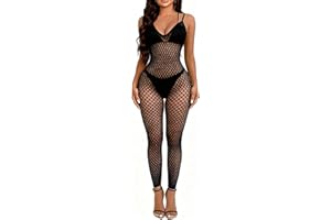 XIUSEMY Women Sexy Lingerie Fishnet Attached Stockings Full Body Bodysuits Mesh Nightwear