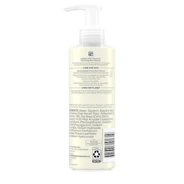 AVEENO CALM + RESTORE FACIAL CLEANSER FOR SENSITIVE SKIN, HYDRATING GENTLE MILKY FACE CLEANSER WITH NOURISHING OAT AND FEVERFEW, HYPOALLERGENIC FORMULA, FRAGRANCE FREE, 7.8 FL OZ