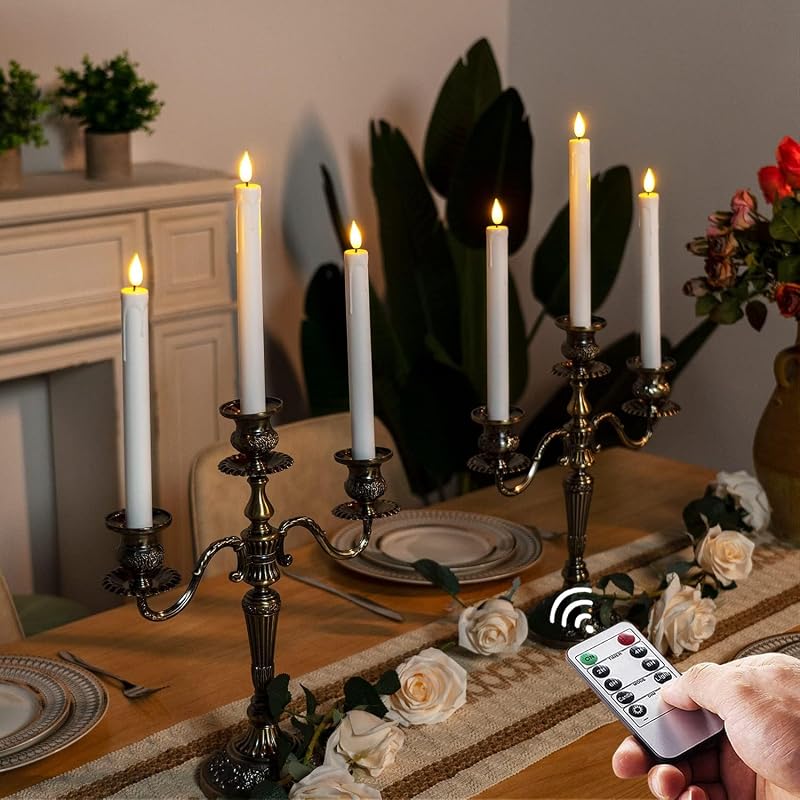 6 Stück White led stabkerzen, Flammenlose Tafelkerzenmit fernbedienung, batteriebetriebene LED Kerzen, 3D-Dochtlicht für Weihnachtsdeko