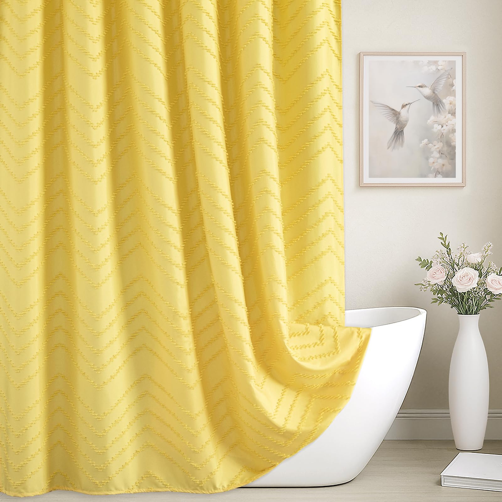 78inches Long Yellow Shower Curtain Boho Farmhouse Shower Curtain 72 x 78 Tufted Chevron Textured Minimalist Shower Curtains for Bathroom