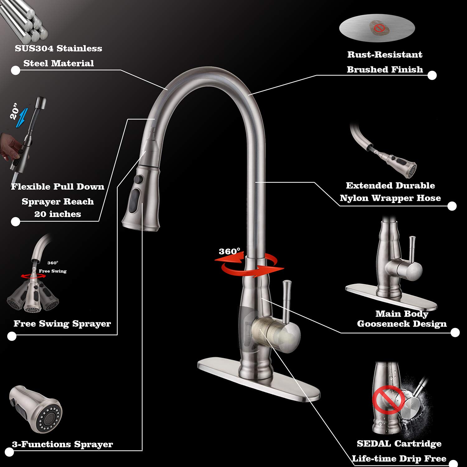 Bulife Pull-Down Sprayer Kitchen Faucet, Single Handle High Arc Lead Free Stainless Steel Brushed, Modern Gooseneck Pullout Spray Head, Faucet for Kitchen Farm Sink with Deck Plate