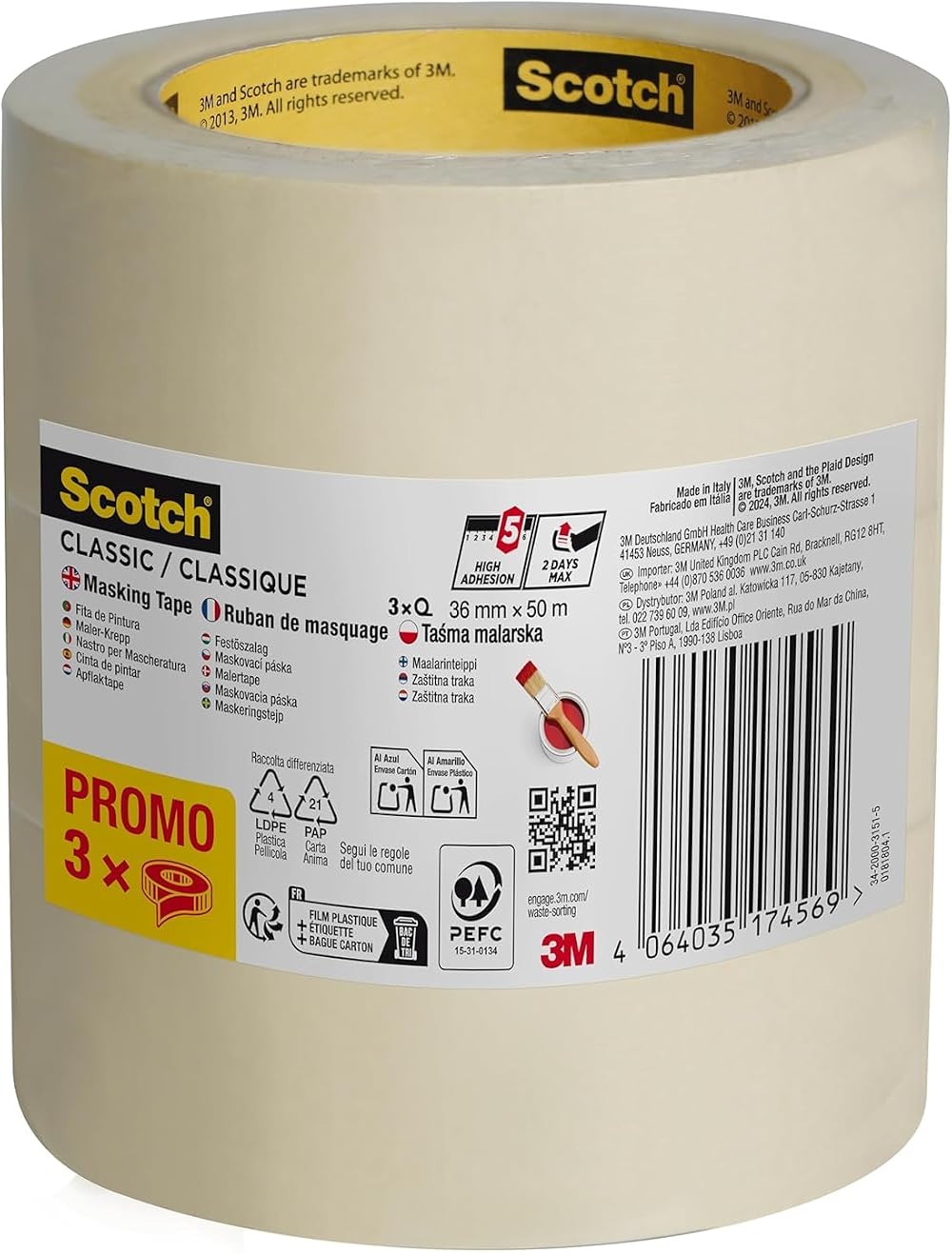 ScotchBlue Scotch Classic Masking Tape 36 mm x 50 m Beige Promo Pack 3 rolls