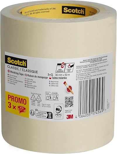 ScotchBlue Scotch Classic Masking Tape 36 mm x 50 m Beige Promo Pack 3 rolls
