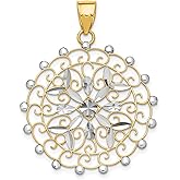 14k Gold Mandala Pendant for Women with Diamond Cut Filigree Design, Rhodium Accents, Floral Openwork Medallion, Boho Spiritual Jewelry, Feminine Harmony Symbol, Artistic Religious Necklace