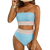 High Waisted Bandeau Bikini Set - Women Strapless Two Piece Swimsuits Ribbed Longline Full Coverage Bathing Suits Swimwear