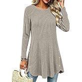 Poetsky Womens Long Sleeve Tunic Tops Leggings Button Rib Pullover Sweaters | Long Sleeve Pullover Sweater,Ribbed Long Tunic Tops for Leggings,Crewneck Lightweight Fall Dress,Oversized Shirt Side Buttons