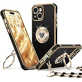 XYZ for iPhone 15 Plus Case with Stand, Phone Case with Double Ring Kickstand, Women Girls Bling Luxury Protective Case Heart for iPhone 15 Plus, Black