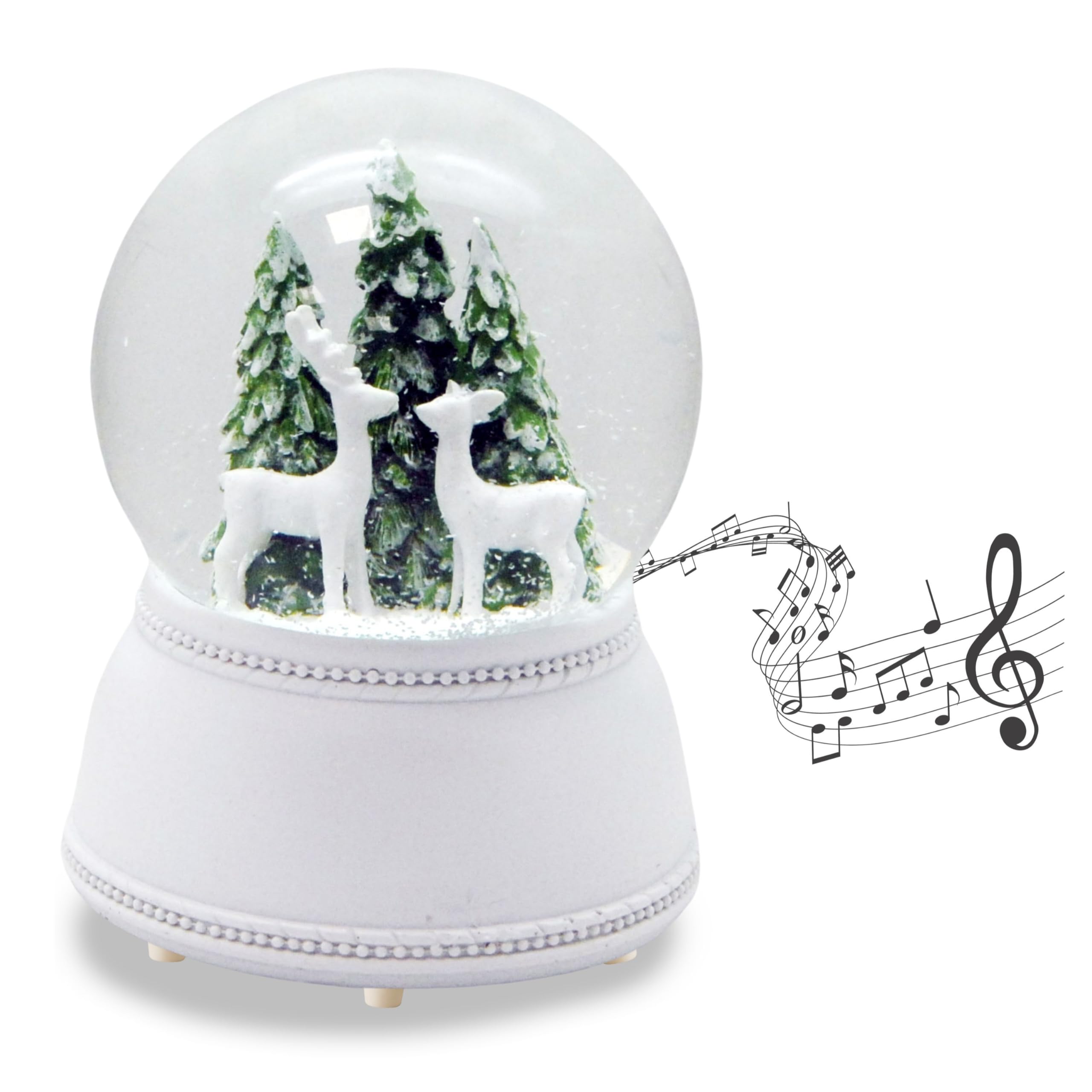 Snow Globe Hut Magic 2 Deer White in Front of Christmas Tree | Base White Nostalgic | with Music Box | Shaking Ball Christmas Decoration | W: 10 cm H: 13 cm | 20254