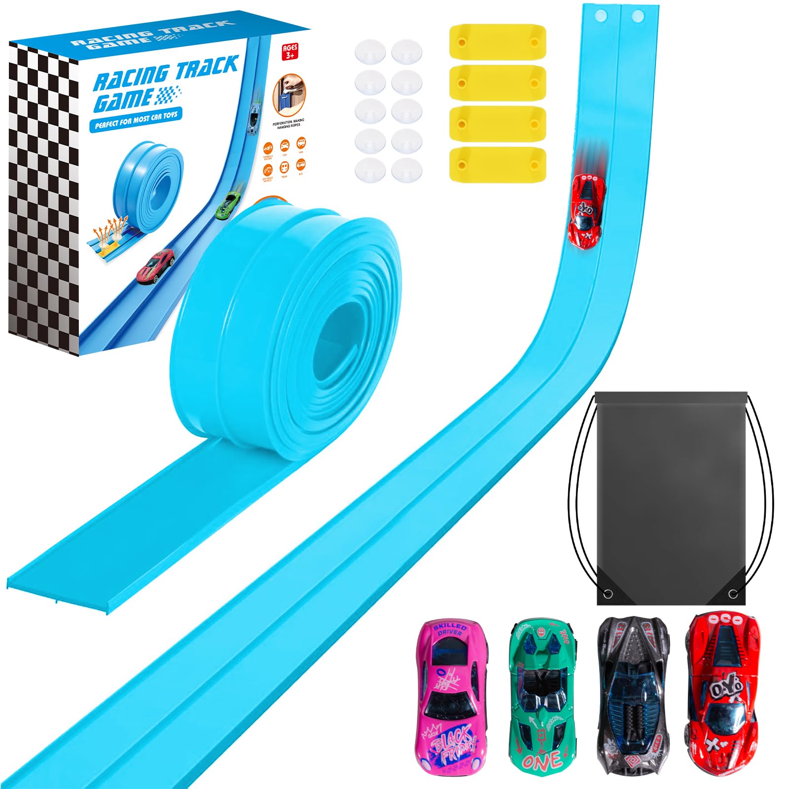 Car Track 4.5m, Flexible Race Track Cars Ramp Track Toy with 4 Alloy Cars and Storage Bag, Rolls Up Portable Dual Car Race Tracks Toy for Kids Ages 3+ (Blue) — image 1