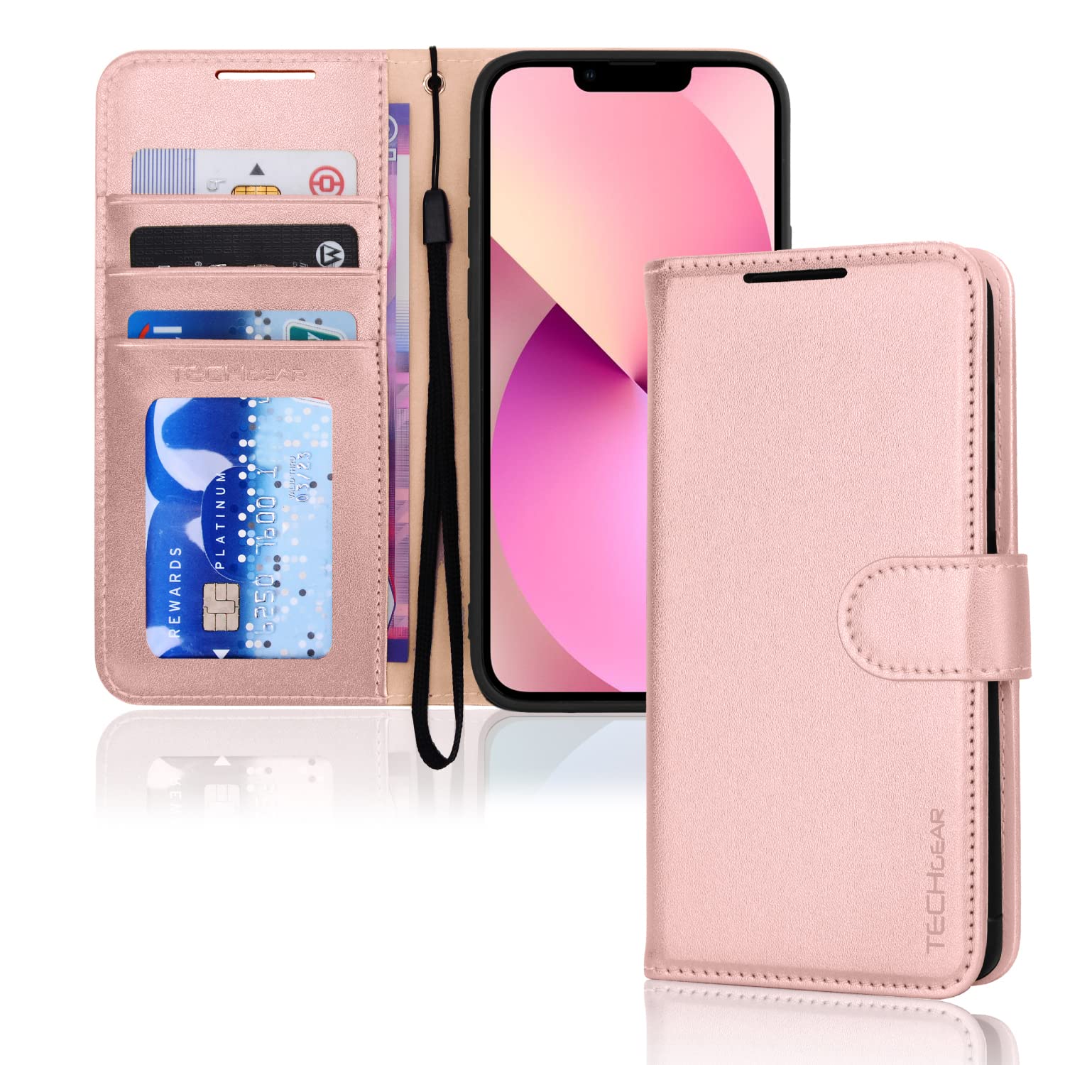 TECHGEAR iPhone 13 Leather Wallet Case, Flip Protective Case Cover with Wallet Card Holder, Stand and Wrist Strap - Pink PU Leather with Magnetic Closure for iPhone 13 6.1" — image 1