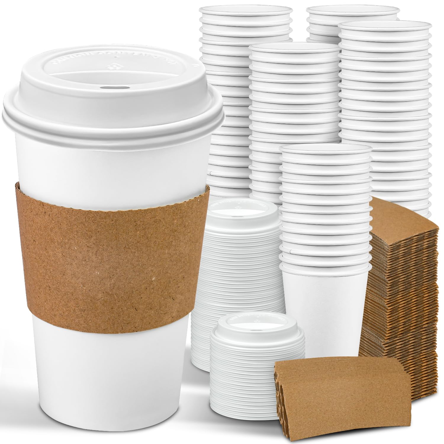 Photo 1 of Ginkgo 100 Pack 16 oz Disposable Coffee Cups with Lids and Sleeves Leak-Proof White Paper Cups, Insulated To Go Hot Beverage Cups, Coffee Bar Accessories