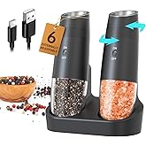 CIRCLE JOY Gravity Electric Salt and Pepper Grinder Set Automatic Shakers Upgraded Pepper Mill with Rechargeable Base, External Adjustable Coarseness, LED Light, Easy Refill for Kitchen & Outdoor
