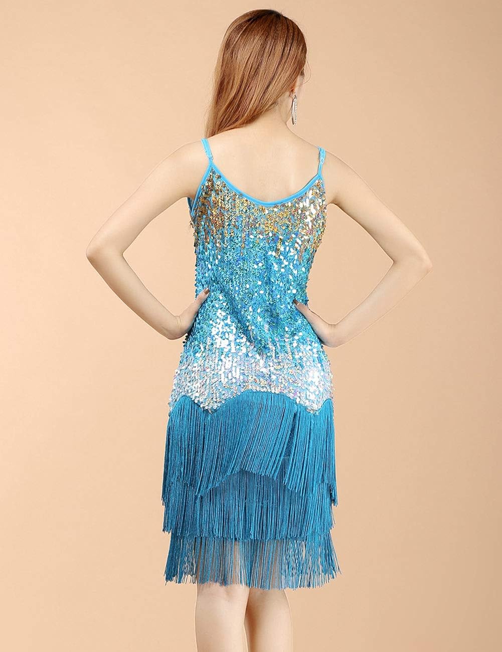 Aivtalk Tassels 1920s Flapper Party Cocktail Dress for Women Sexy Latin Smaba Dance Dress Light Blue: Clothing