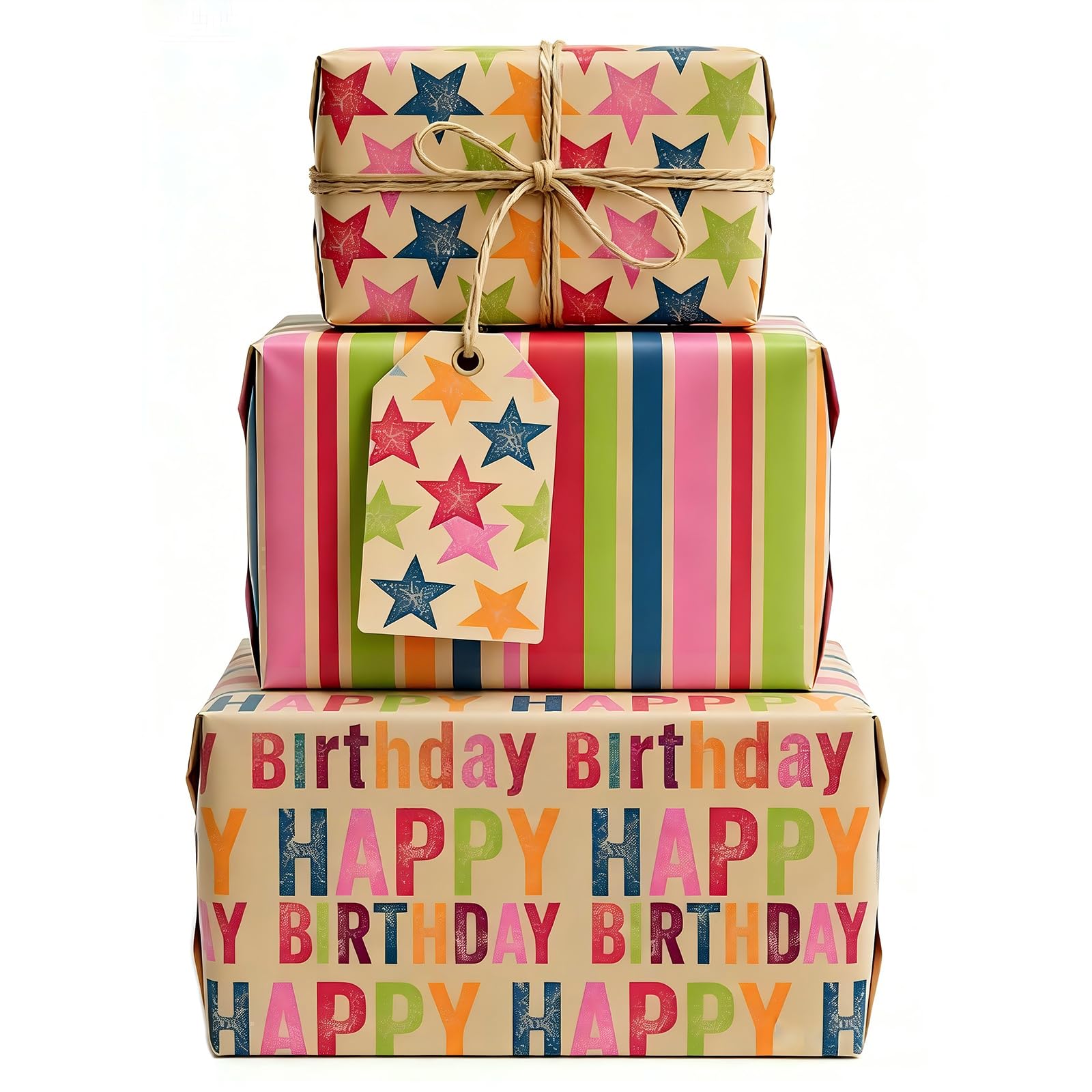 Jatidne Birthday Wrapping Paper with Gift Tags and String Brown Paper Recycled Birthday Paper Pack of 6