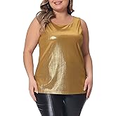 Agnes Orinda Plus Size Metallic Tank Top for Women Scoop Neck Sleeveless Party Clubwear Holographic Shiny Tops
