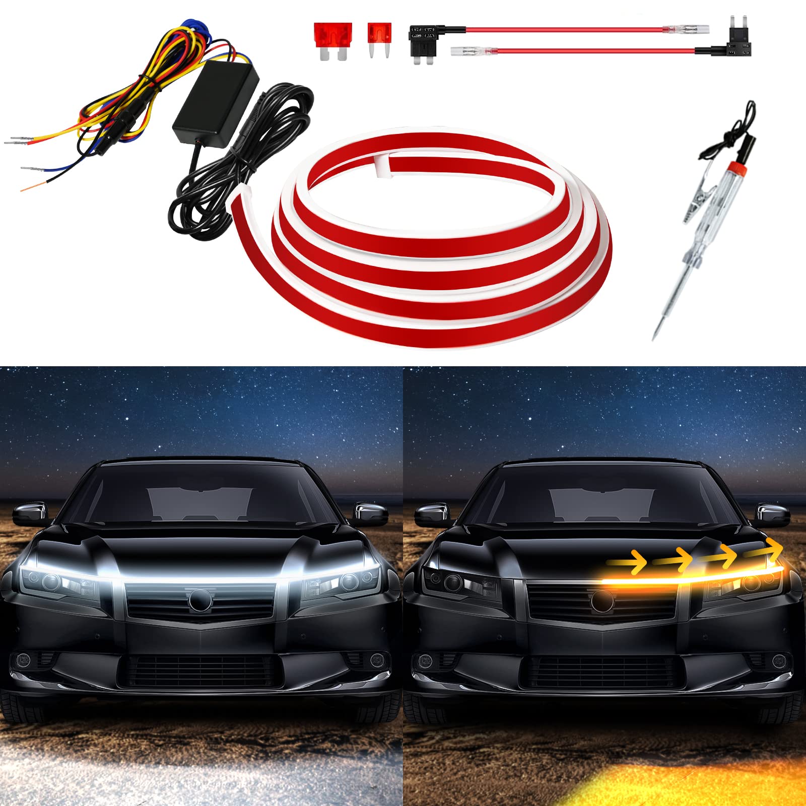 Photo 1 of ***Missing pieces. Glue stuck to box***Exterior Car LED Hood Light Strip,Dual Color Dynamic Scan Start Up Hoodbeam Kit,Led Daytime Running Lights White&Amber Switchback Sequential Turn Signal Lights for Cars, Trucks,SUV(59inch/1set)***Missing pieces. Glue