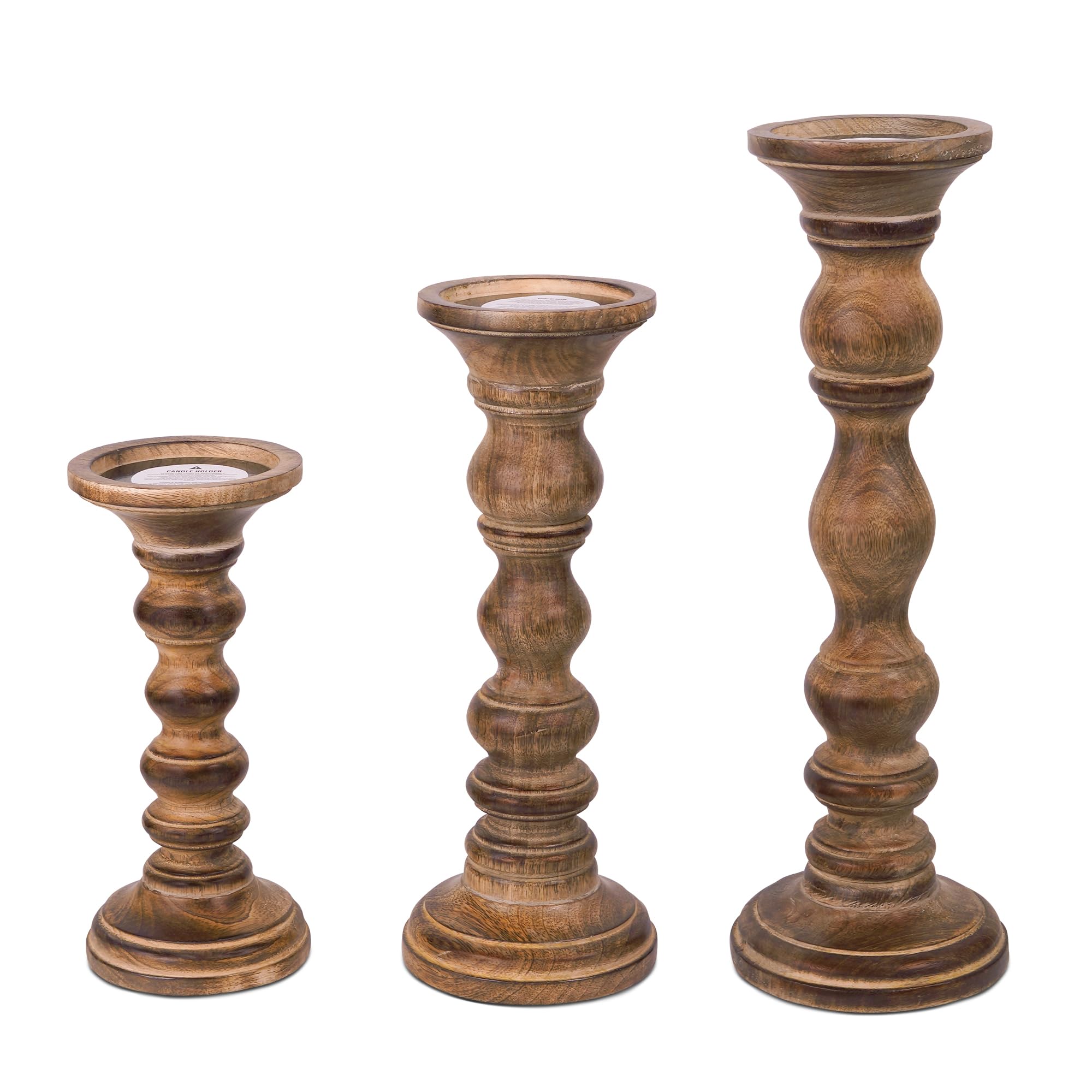 Photo 1 of “Willow” Candle Holders for Pillar Candles (Medium Burnt, Set of 3) - Mangowood Candle Stand - Farmhouse Wooden Candle Holders Pillar - Candle Holder Decor for Table Centerpiece -9”, 12”, 15”