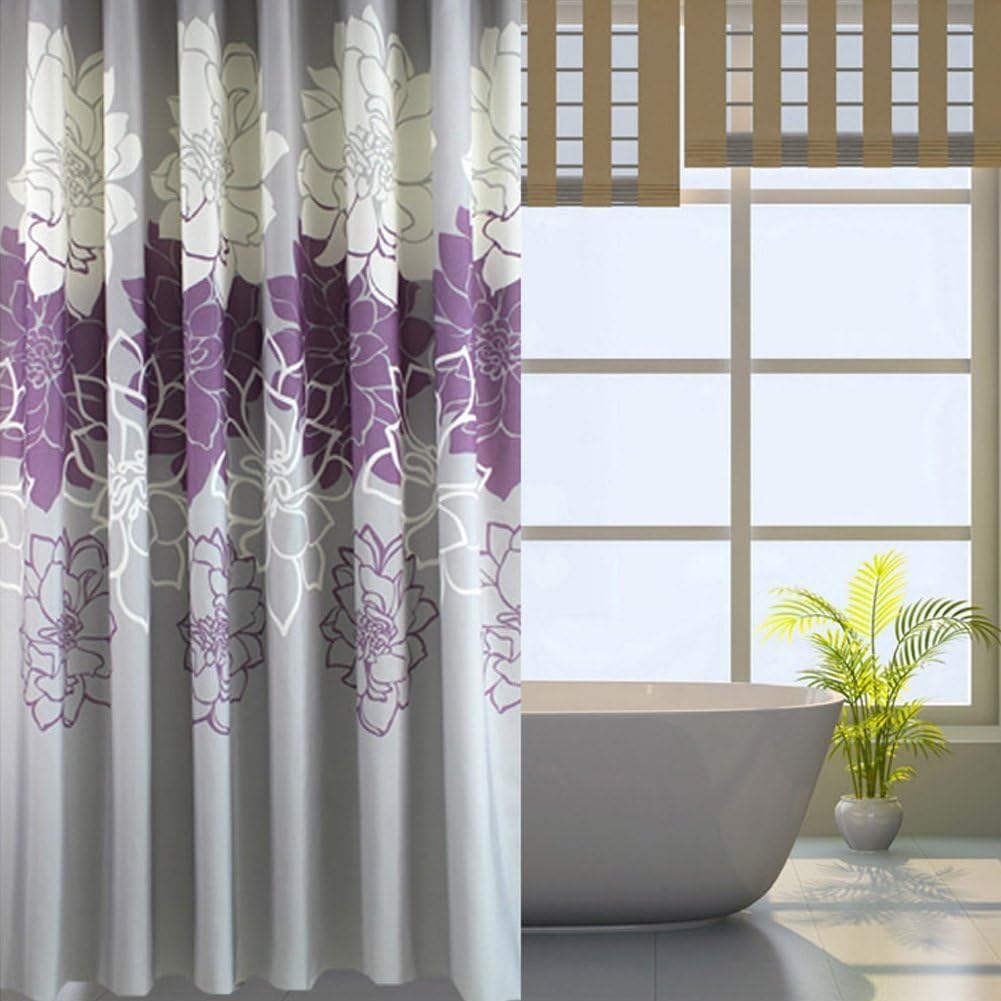 Gray Background and Flowers Pattern, Waterproof Washable Printed Polyester Fabric Shower Curtain for Bathroom (72inch72inch, Purple)