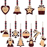 12 Pieces Christmas Stocking Name Tags Buffalo Plaid Christmas Ornaments Wooden Christmas Tree Decor Xmas Stocking Name Tags with Bead and Bow for Stocking Decor