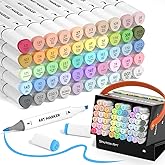 Shuttle Art Pastel Alcohol Markers Brush tip, Dual Tip Brush & Chisel Tip Art Marker Set, 50 Colors plus 1 Blender Marker Pens with Case Perfect for Illustration Students Adults Coloring Sketching