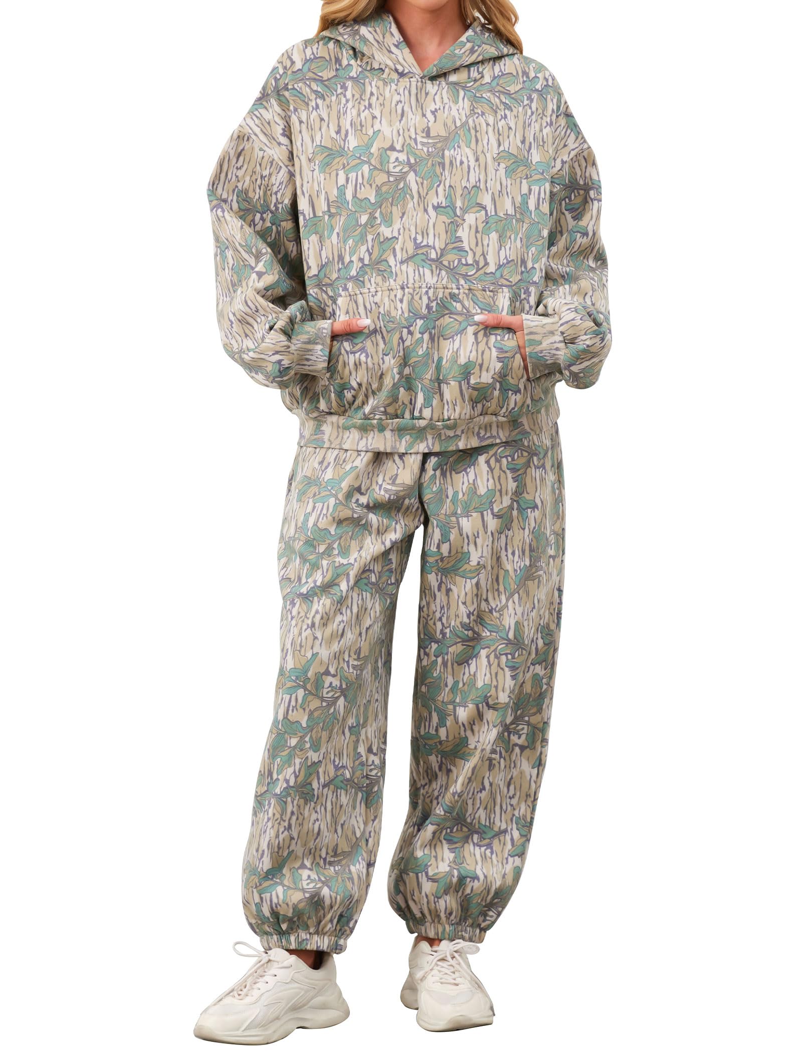 Photo 1 of Eutten Camo Sweatsuits for Women Set 2 Piece Camo Hoodies Maple Leaf Print Oversized Sweatshirt Lounge Sets Fall Outfits