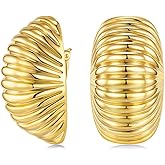 Sngia Large 18K Gold Plated Silver Plated Chunky Clip on Statement Earrings for Women, Bold Handmade Exaggerated Trendy Seashell Ribbed Jewelry Gifts, Curved Half Circle Textured Summer Beach Fashion Earrings Accessories, Big Vintage Irregular Hammered Thick Circular Nickle Free Cuff Huggie Earrings.