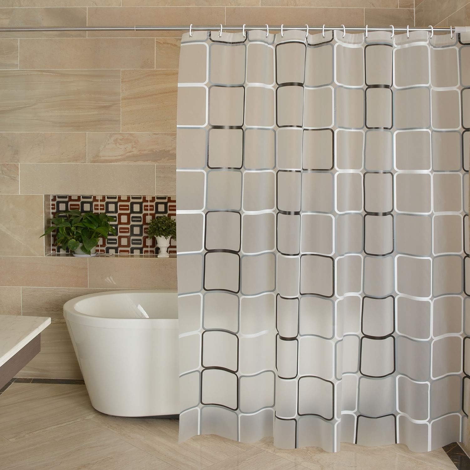 Lilium PEVA Shower Curtain Liner, Waterproof,Black and White Square Style, Distribution Matching Hooks, Standard Size 71 Inches by 79 Inches, (Black and white/71W×79H)