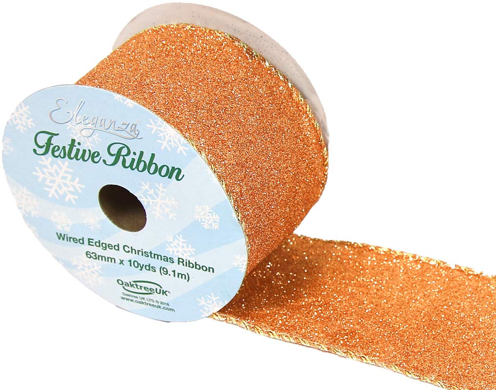 Christmas Wire Edged Sparkly Glitter Rose Gold Satin Ribbon Roll - 10yds x 63mm
