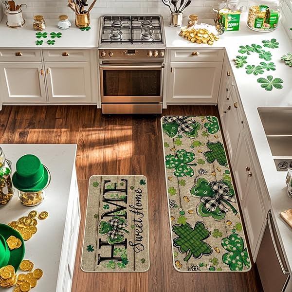 ARTOID MODE WOOD SHAMROCK SWEET HOME ST. PATRICK’S DAY KITCHEN MATS SET OF 2, HOME DECOR LOW-PROFILE KITCHEN RUGS FOR FLOOR – 17X29 AND 17X47 INCH
