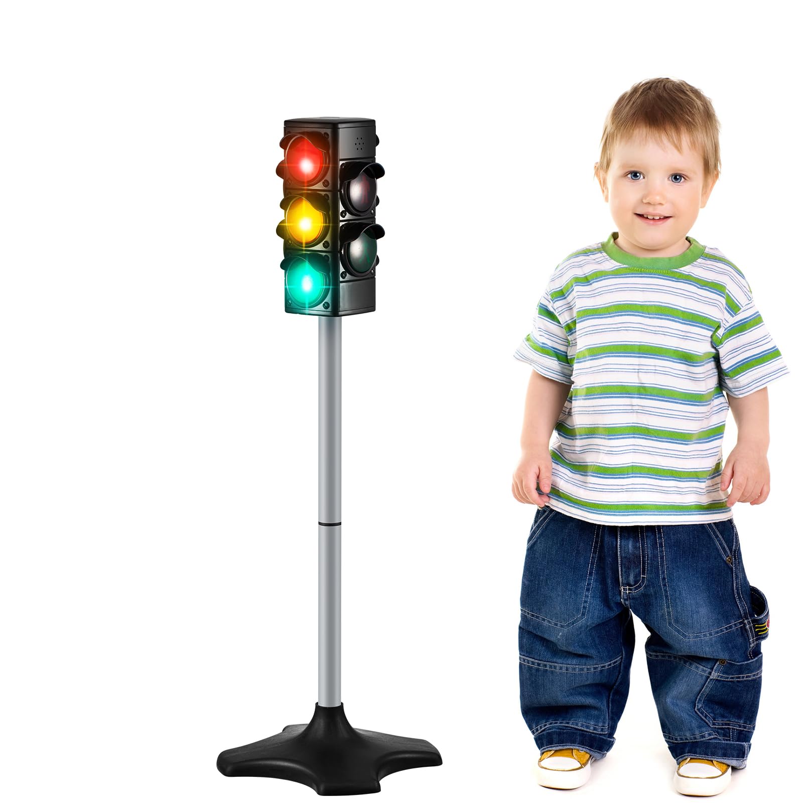 Photo 1 of Hiboom 1 Piece Traffic Light Toy 2 in 1 Simulation Safety Traffic Indicator Crosswalk Signal with Lights and Sounds for Birthday Educational Toy Gift 4 Sides, 28.3 Inch Height