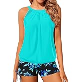 Yonique Tankini Swimsuits with Shorts - Tummy Control Two Piece Blouson Bathing Suits High Neck Swimwear
