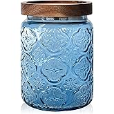 Glass Jar with Airtight Wood Lid – 24 OZ Vintage Storage Canister for Kitchen Pantry Bathroom, Decorative Beautiful Container for Candy, Sugar, Coffee, Cookie, Tea, Treat, Salt, Snack, Blue Begonia