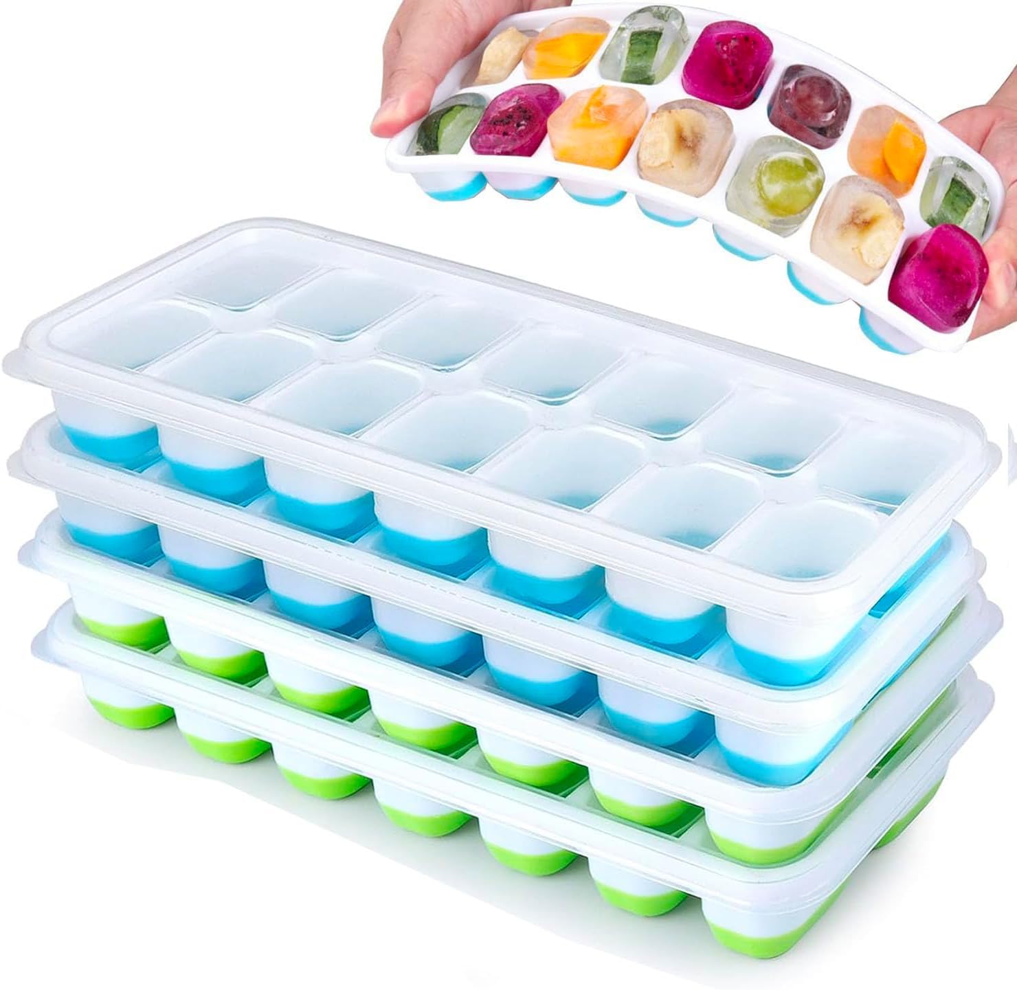 GUBA® Ice Cube Trays Silicone Ice Cube Tray with Lid, Ice Cube Trays Silicone, Ice Trays for Freezer Easy Release, Ice Cube Moulds & Tray, Odorless, Stackable Ice Tray with Lid 4 Pack