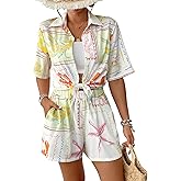 Bsubseach 2 Piece Short Sets for Women Tropical Printed Short Sleeve Button Down Shirt and Shorts Summer Beach Vacation Set