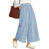 TARSE Womens Gingham Wide Leg Cropped Pants Casual Loose Plaid Culottes Elastic Waist Palazzo Pants with Pockets