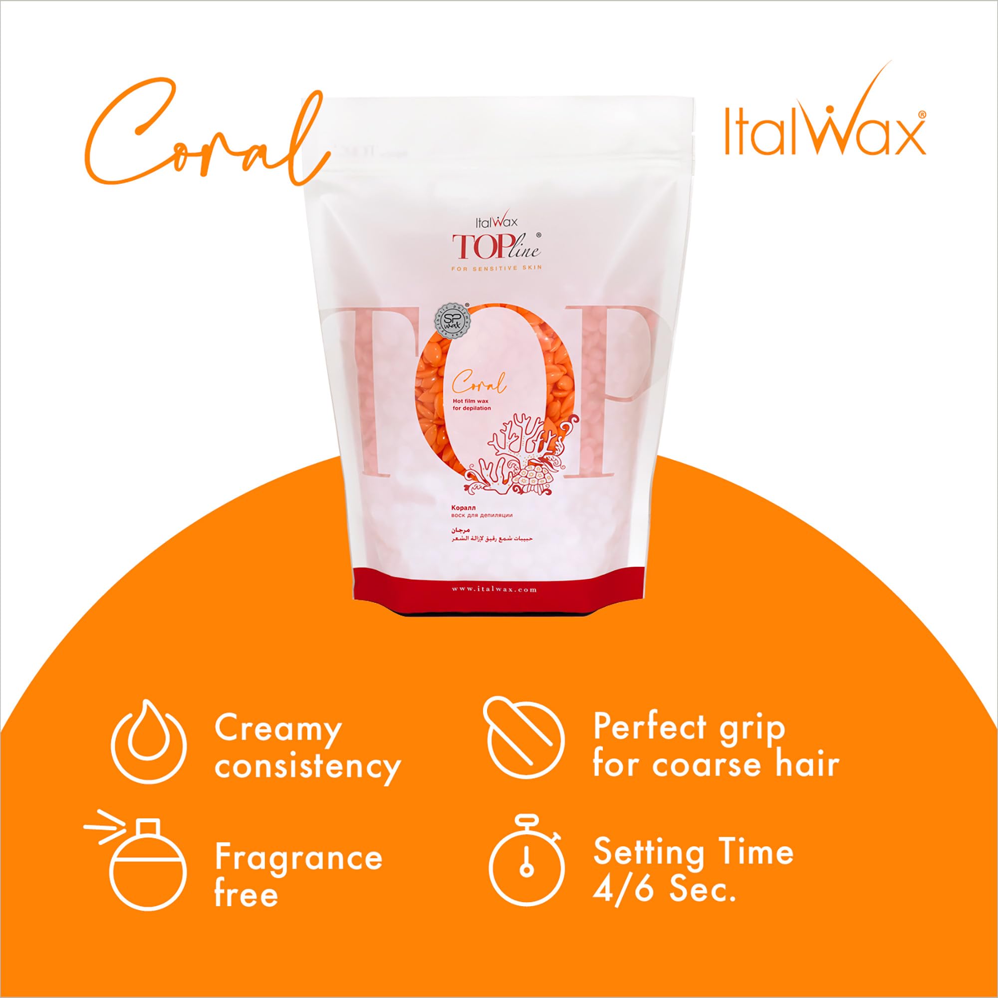 Italwax Top Line Coral - 750g / 1.65lb - Hard wax beads for hair removal - Unscented - Synthetic formulation ideal for sensitive skins - Recommended for Bikini Area and Armpits