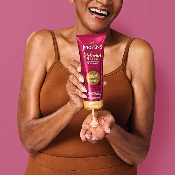 JERGENS HAND AND BODY LOTION, MELANIN GLOW ILLUMINATING MOISTURIZER, WITH GOLD LUMINIZERS, 7 OZ