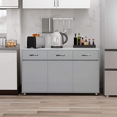 RASOO Grey Buffet Cabinet with 3 Doors and Drawers, Storage