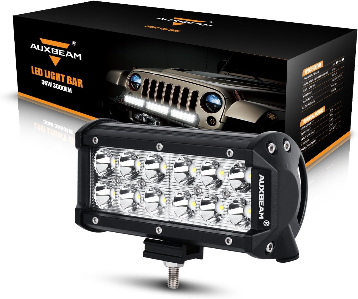 Auxbeam 7 Inch LED Light Bar 36W LED Driving Light Spot LED Work Light Waterproof