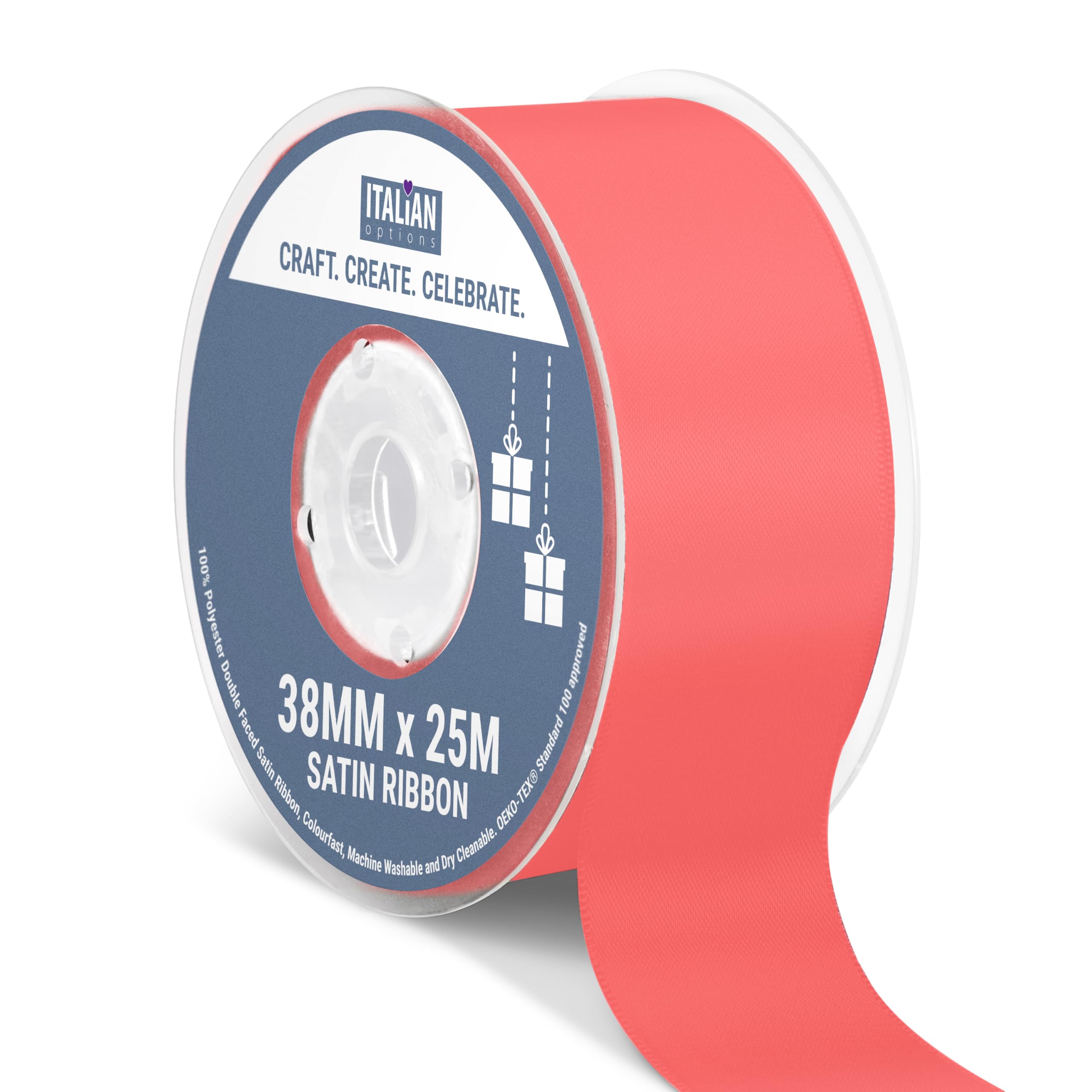 Italian Options Satin Ribbon, Fabric Ribbons for Gift Wrapping, Crafting, Balloons, Wedding Car, Presents, Cake, Christmas, Birthday, Gift Wrap Accessories, 38mm Wide x 25 Metre Roll, Coral