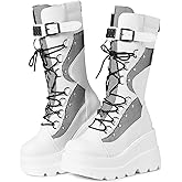 Tscoyuki Womens Goth Platform Boots Chunky Wedge Heel Rave Combat Boots Lace Up and Zipper Round Toe Mid Calf Boot for Concert Festival