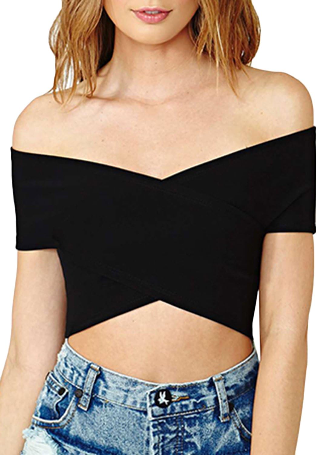 Azbro Women's Fashion Off Shoulder Zippered Cross Crop Top, Black S