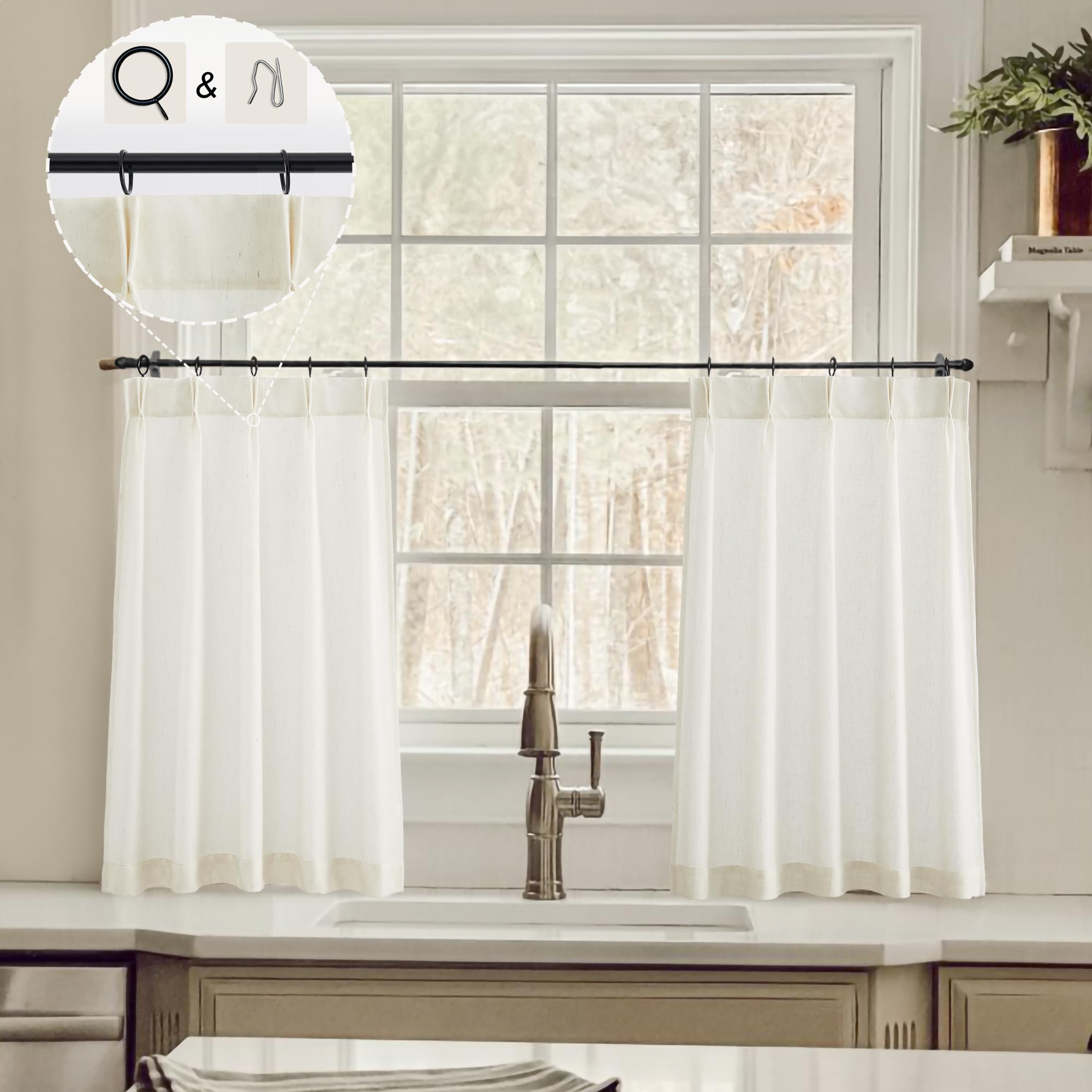 Photo 1 of LIMON HOME Cafe Curtains 30 Inch Length,Pinch Pleat Cafe Curtains 2 Panels Comes with 10 Metal Rings and 10 Hooks Natural Linen Vintage Window Treatments