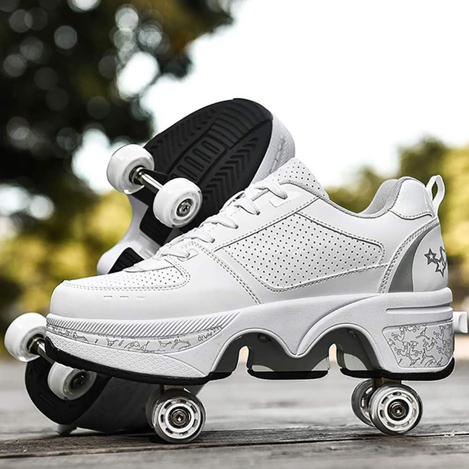 Outdoor roller skates, adjustable roller skates for women, quad skates deformation trainer for adults, sneakers with invisible wheel for beginners (WHITE, UK-4.5)