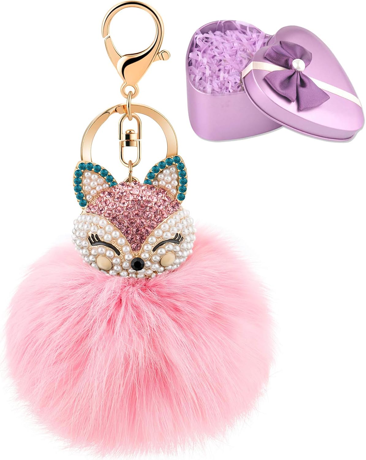 JOUDOO Fluffy Fur Ball Keychain With Gift Box Fox Head Pom Pom Keyring GJ020